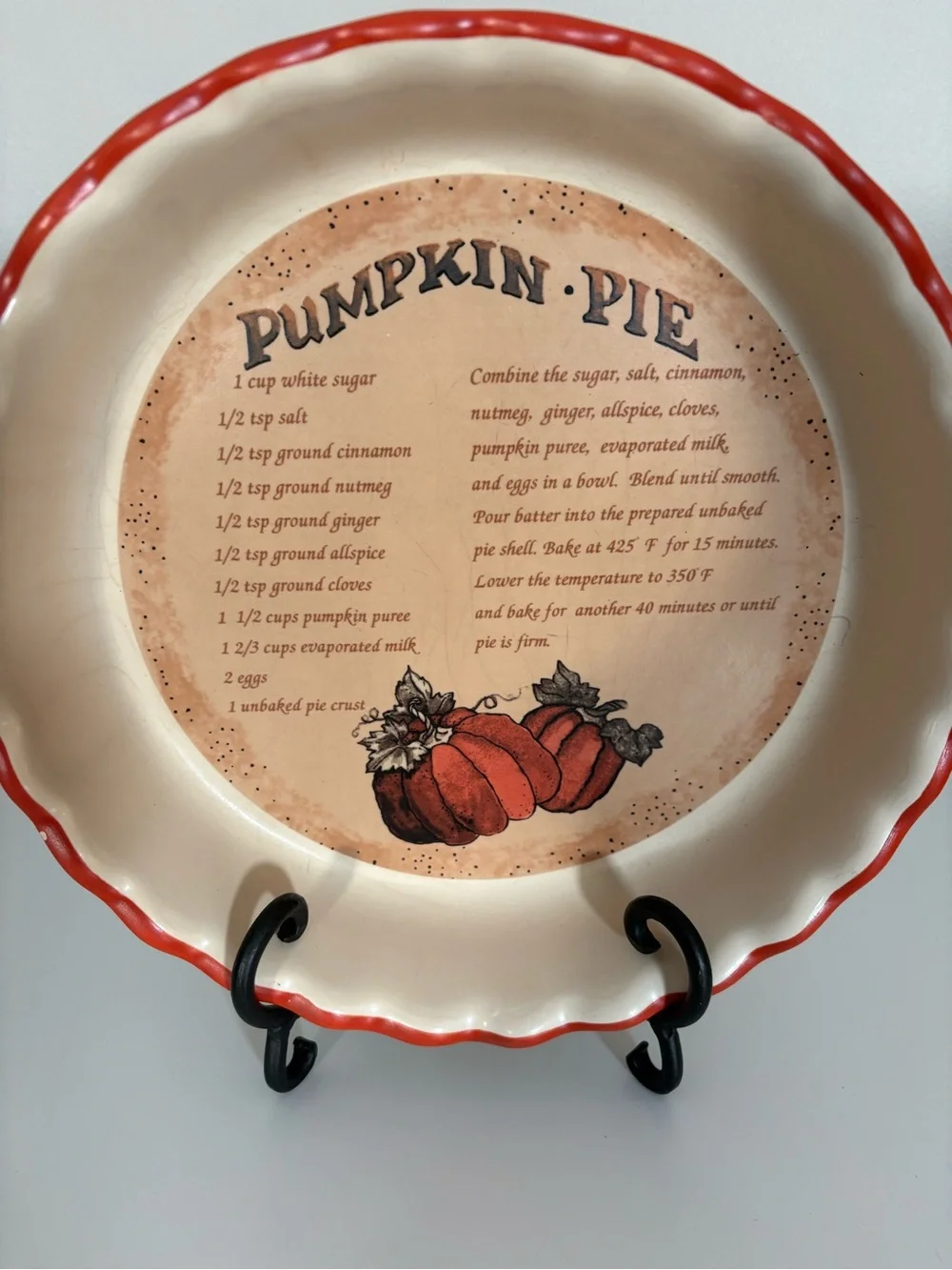 Cream Ceramic Pumpkin Pie Plate with orange Scalloped Rim